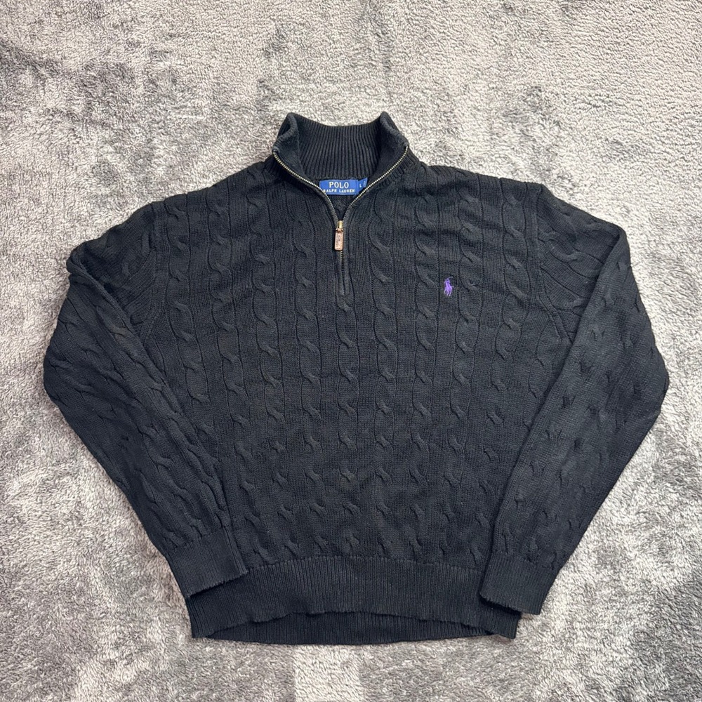 Polo Ralph Lauren Mens Black Cable Knit Quarter Zip Sweater Purple Pony Large